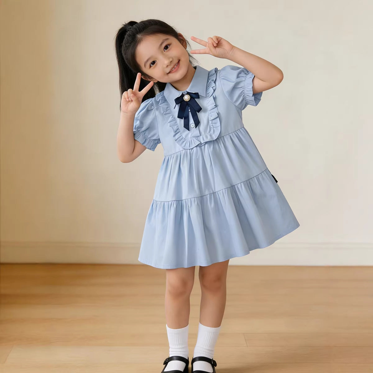 Cute Princess Dress for Girls, Short Sleeve, Sweet Turn-Down Collar, Doll Dress