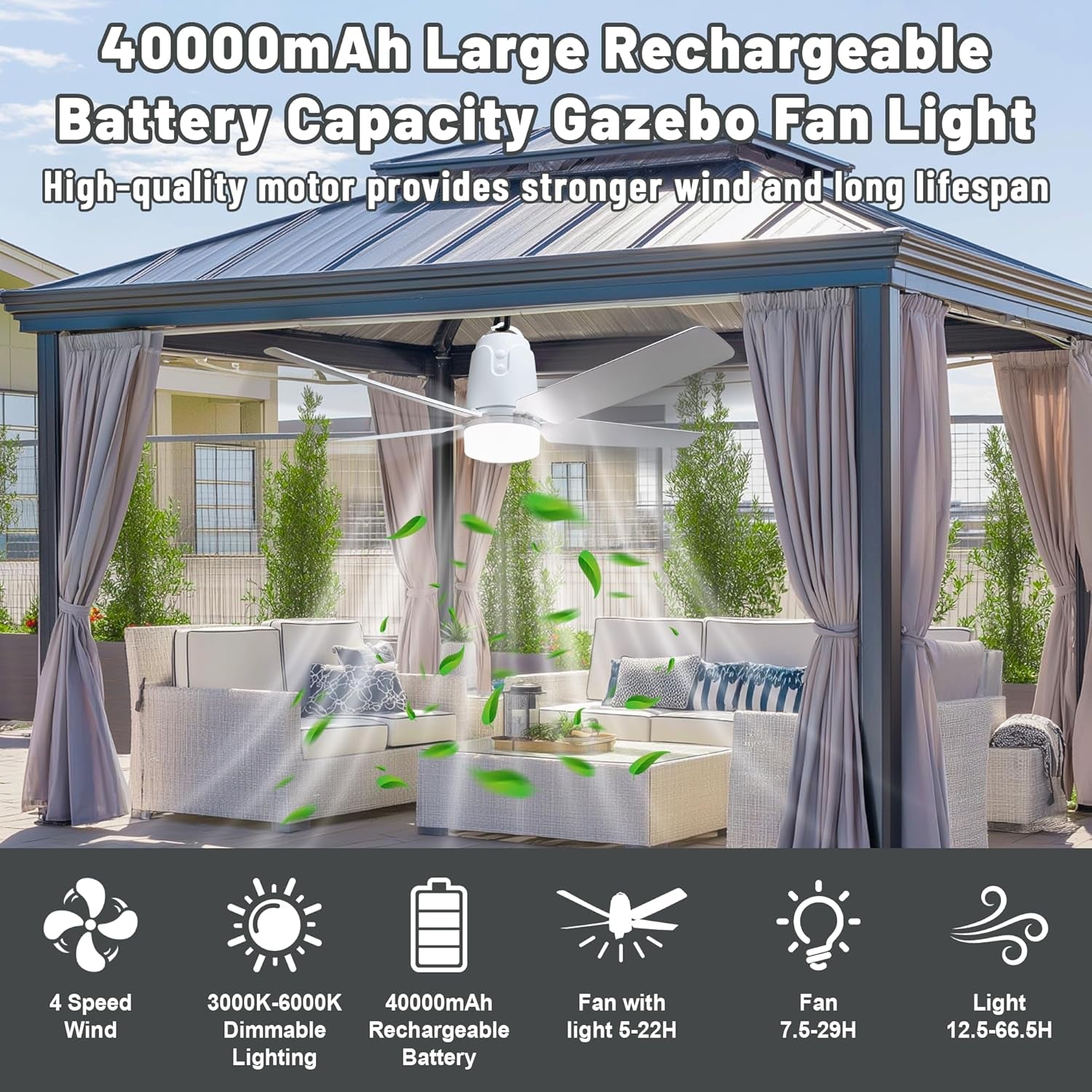 Rechargeable Outdoor Gazebo Ceiling Fan Light 31.5in