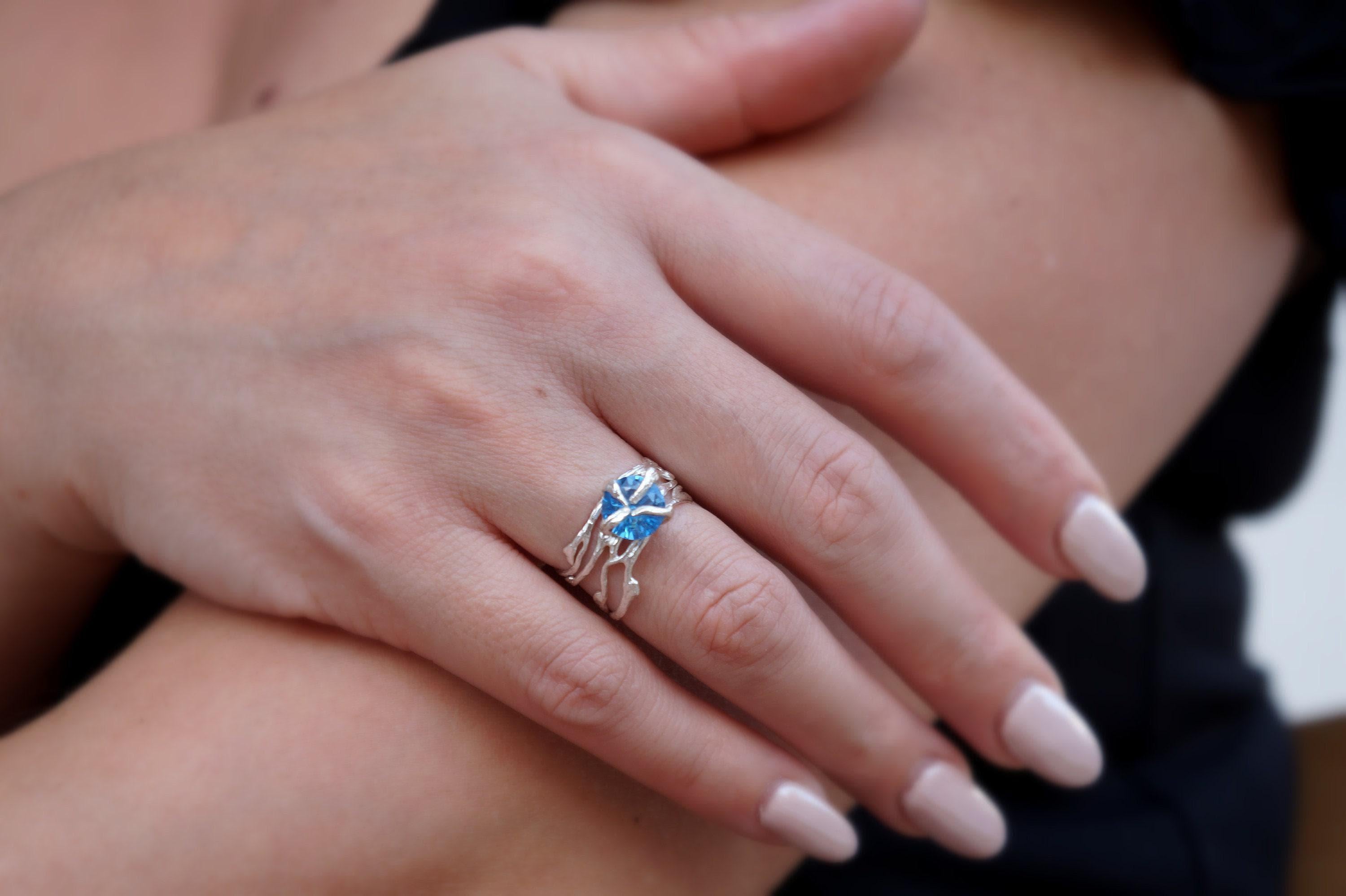 Real Jasmine Branch Ring with Zircon, Handmade Nature Jewelry, Organic Boho Band, Gift for Vitality & Luck, Sterling Silver 925