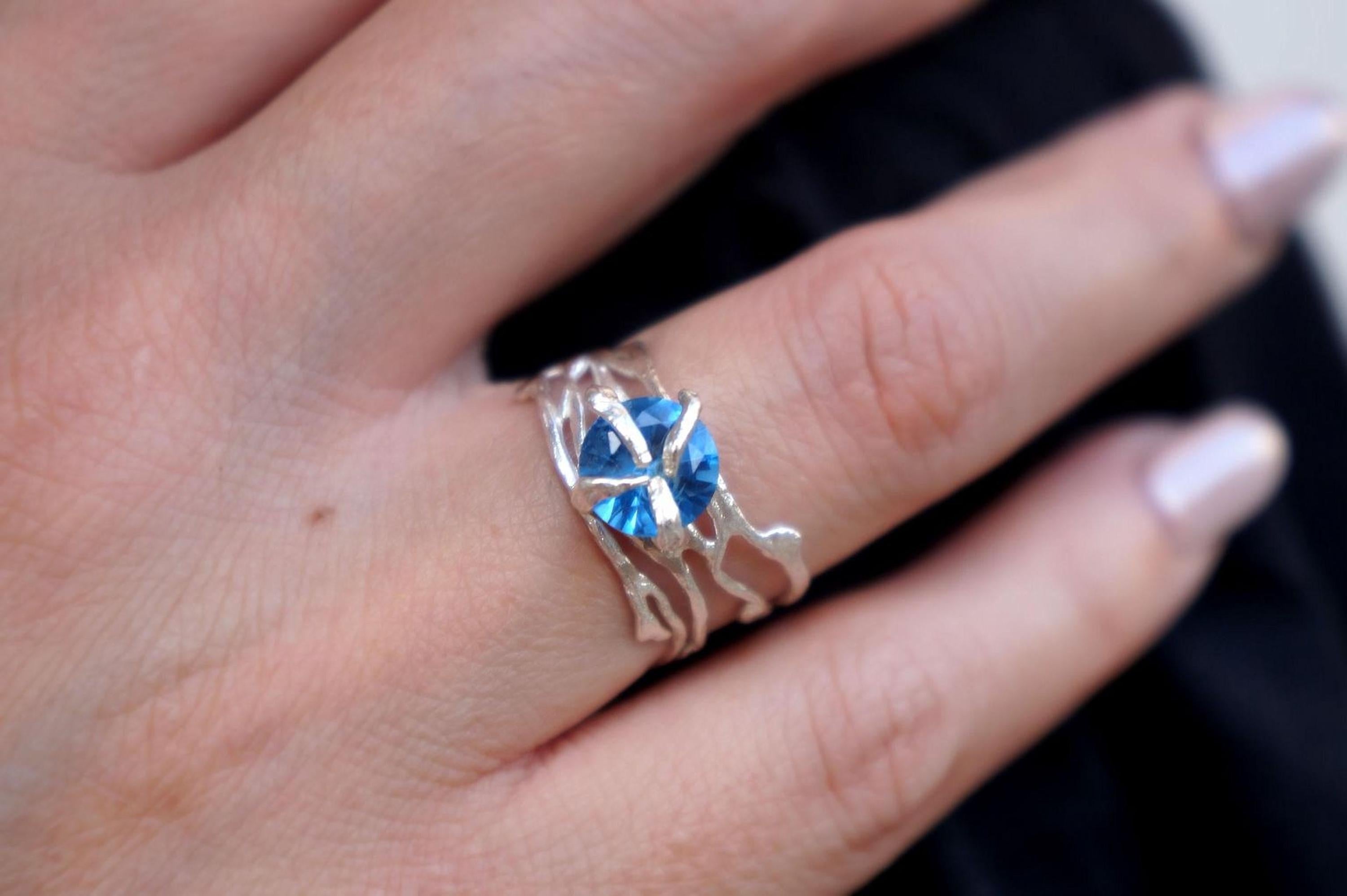 Real Jasmine Branch Ring with Zircon, Handmade Nature Jewelry, Organic Boho Band, Gift for Vitality & Luck, Sterling Silver 925