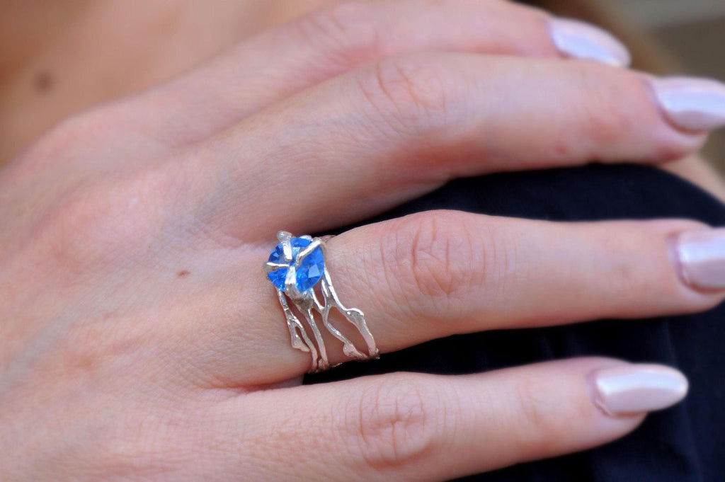 Real Jasmine Branch Ring with Zircon, Handmade Nature Jewelry, Organic Boho Band, Gift for Vitality & Luck, Sterling Silver 925