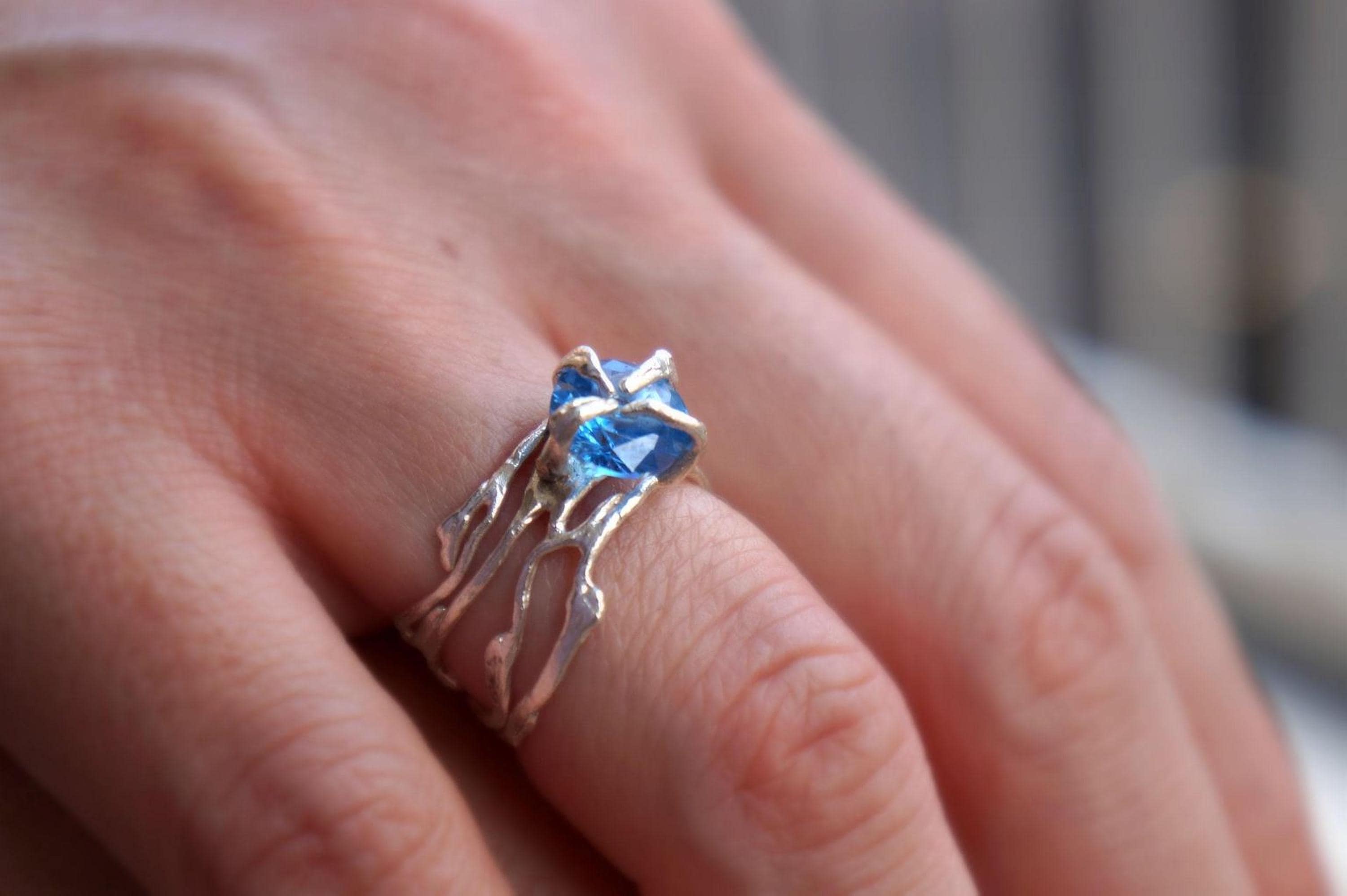 Real Jasmine Branch Ring with Zircon, Handmade Nature Jewelry, Organic Boho Band, Gift for Vitality & Luck, Sterling Silver 925