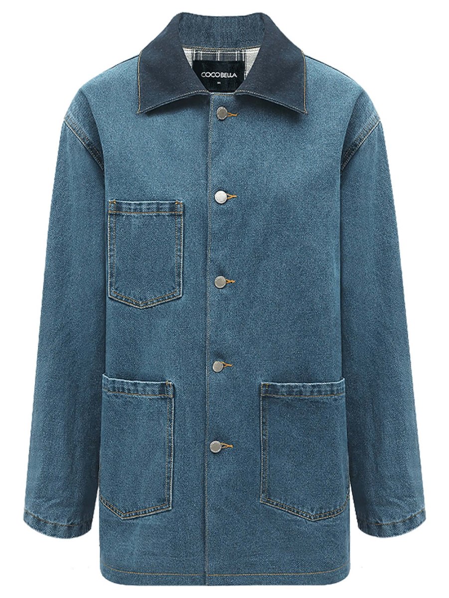 Vintage Long Denim Jacket With Plaid Lining